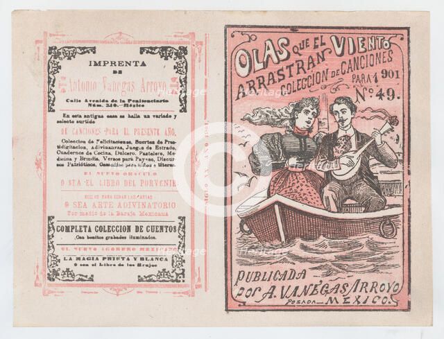 Cover for 'Olas que el Viento Arrastran para 1901', a man serenading a woman in a row ..., ca. 1901. Creator: José Guadalupe Posada.