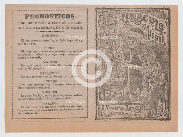 Cover for 'Oraculo Mignon', a witch brewing a potion in a cauldron, ca. 1880-1910., ca. 1880-1910. Creator: José Guadalupe Posada.