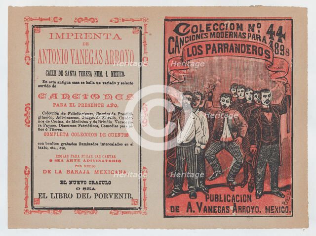 Cover for 'Canciones Modernas para 1898: Los Parranderos', group of men holding a bann..., ca. 1898. Creator: José Guadalupe Posada.