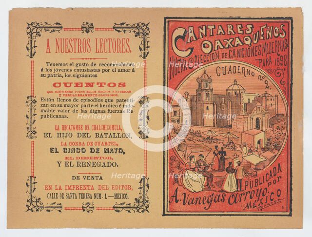 Cover for 'Cantares Oaxaqueños: Nueva Coleccion de Canciones Modernas para 1898', coup..., ca. 1898. Creator: José Guadalupe Posada.