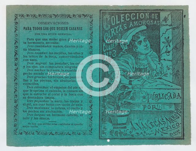 Cover for 'Coleccion de Cartas Amorosas Cuaderno No. 3', a young woman holding a lette..., ca. 1900. Creator: José Guadalupe Posada.