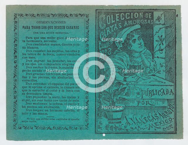 Cover for 'Coleccion de Cartas Amorosas Cuaderno No. 3', a young woman holding a lette..., ca. 1900. Creator: José Guadalupe Posada.