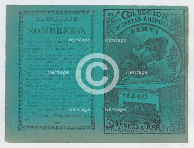 Cover for 'Coleccion de Cartas Amorosas Cuaderno No. 6', a young woman writing a lette..., ca. 1900. Creator: José Guadalupe Posada.