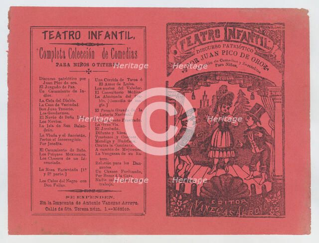 Cover for 'Coleccion de Comedias y Zarzuelitas para Niños', woman on stage flanke..., ca. 1880-1910. Creator: José Guadalupe Posada.