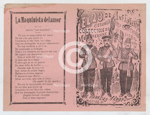 Cover for 'El 23 de Infanteria', three infantry soldiers standing in a line holding ri..., ca. 1912. Creator: José Guadalupe Posada.