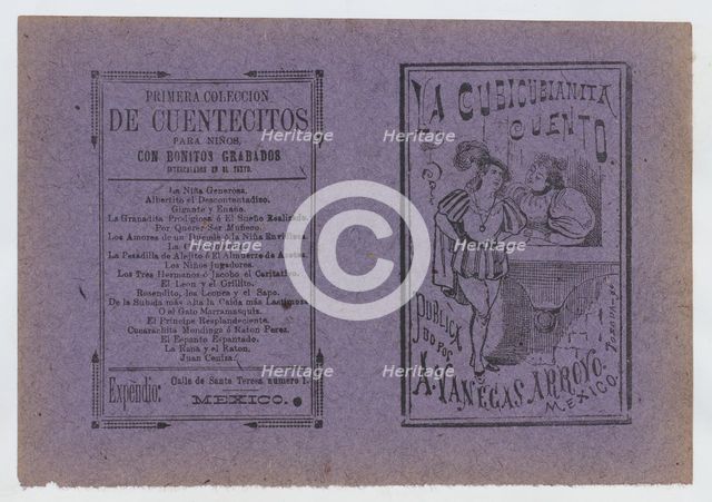 Cover for 'La Cubicubianita Cuento', a figure wearing a feathered hat leaning on ..., ca. 1890-1910. Creator: José Guadalupe Posada.