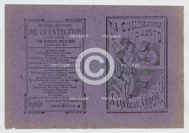 Cover for 'La Cubicubianita Cuento', a figure wearing a feathered hat leaning on ..., ca. 1890-1910. Creator: José Guadalupe Posada.