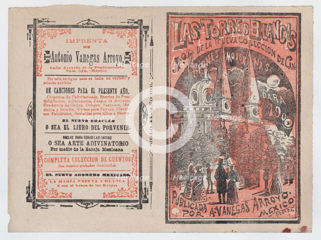 Cover for 'Las Torres Blancas', a group of people walking and looking up at two white ..., ca. 1900. Creator: José Guadalupe Posada.