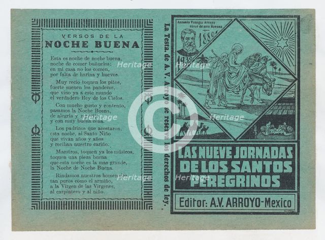Cover for 'Las Nueves Jornadas de los Santos Peregrinos', Mary on horseback and Joseph..., ca. 1880. Creator: José Guadalupe Posada.