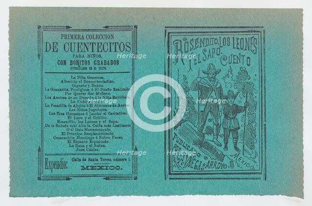 Cover for 'Rosendito, Los Leones, y El Sapo', a young boy and man holding walking..., ca. 1890-1910. Creator: José Guadalupe Posada.