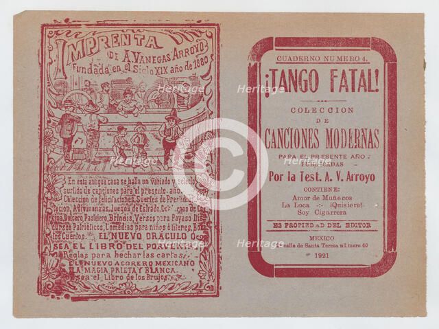 Cover for 'Tango Fatal! Coleccion de Canciones Modernas', ca. 1921., ca. 1921. Creator: José Guadalupe Posada.