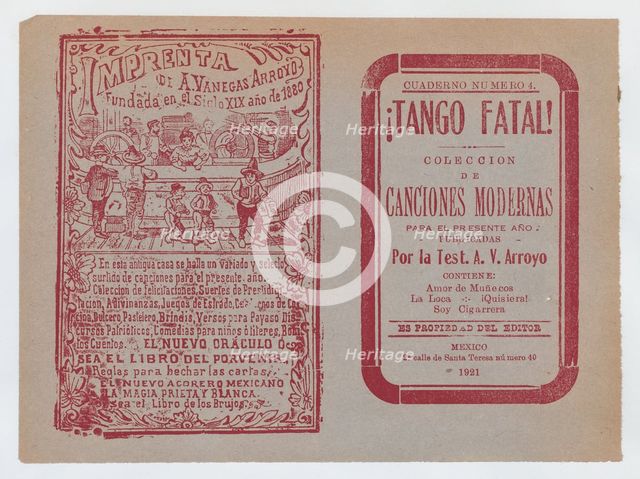 Cover for 'Tango Fatal! Coleccion de Canciones Modernas', ca. 1921., ca. 1921. Creator: José Guadalupe Posada.