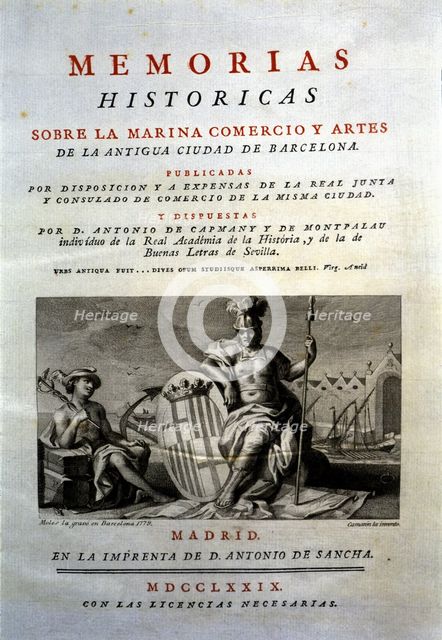 Cover 'Historical Records on Marina, Commerce and Arts of the ancient city of Barcelona', Volumes…