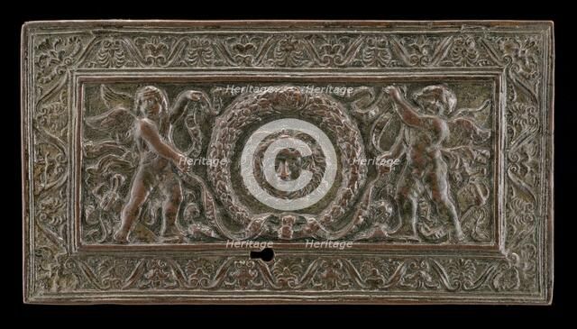Cover of a writing casket: Geniuses with Wreath and Medusa Head, c. 1500. Creator: Unknown.