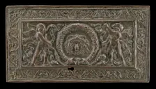 Cover of a writing casket: Geniuses with Wreath and Medusa Head, c. 1500. Creator: Unknown