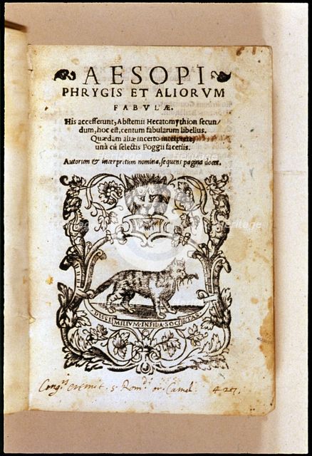 Cover of 'Aesopi phyrgis et alorium' by Aesop, 1539.  Creator: Aesop. 6th-7th century b.C..