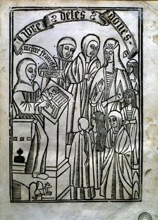 Cover of Llibre de les dones (Book of the women) where the Franciscan Eiximenis is depicted wri…