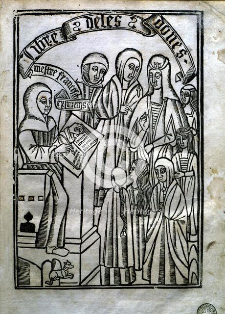 Cover of 'Llibre de les dones' (Book of the women) where the Franciscan Eiximenis is depicted wri…