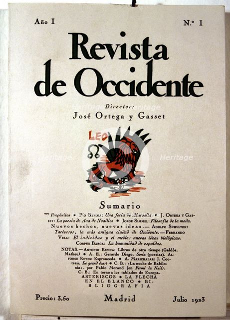 Cover of 'Revista de Occidente'  No. 1. July 1932 magazine founded and directed by José Ortega y …