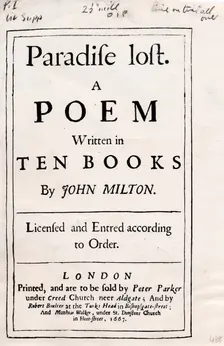 Cover of the 1st edition of Paradise Lost by John Milton, 1661. Creator: John Milton
