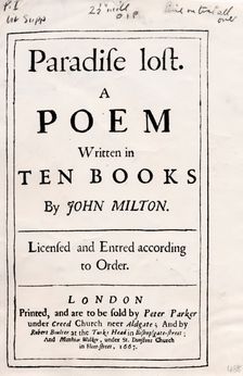 Cover of the 1st edition of Paradise Lost by John Milton, 1661. Creator: John Milton
