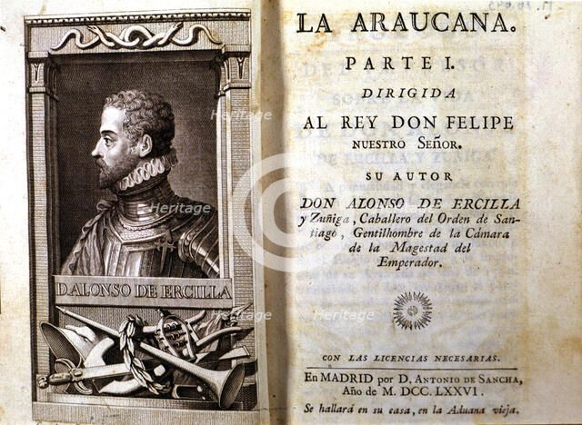 Cover of the book 'La Araucana', 1776 edition with engraving of the bust of the author.