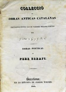 Cover of the book Poetic Works (Book first of loves) by Pere Serafí, printed in Barcelona in 18…