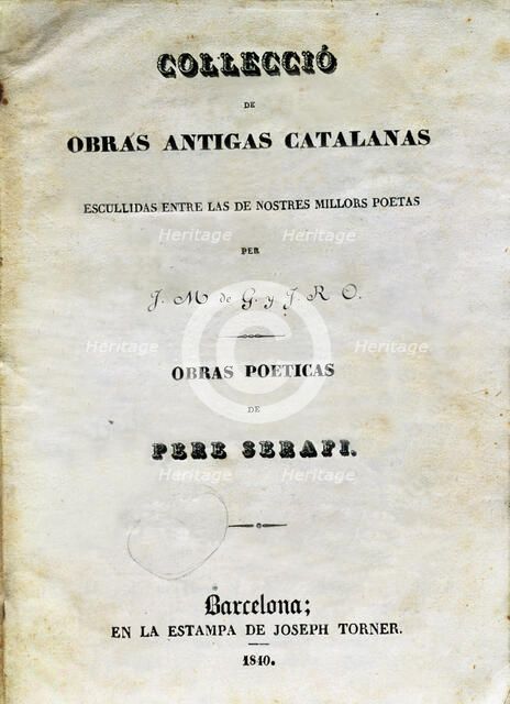 Cover of the book 'Poetic Works (Book first of loves)' by Pere Serafí, printed in Barcelona in 18…