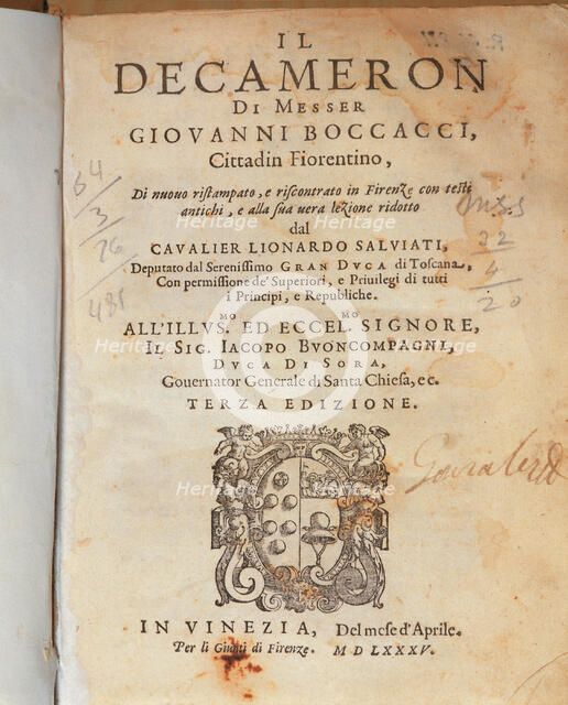 Cover of the Deccameron by Giovanni Boccaccio, published in Venice, 1635.