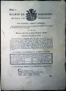 Cover of the Diario de Barcelona doyen of the Spanish press, No. 1 of 1st. October 1792, facsi…