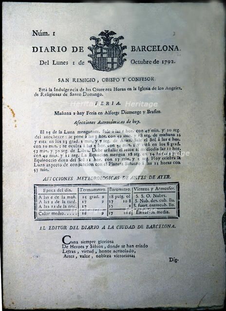 Cover of the 'Diario de Barcelona', doyen of the Spanish press, No. 1 of 1st. October 1792, facsi…