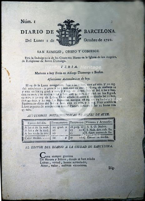 Cover of the 'Diario de Barcelona', doyen of the Spanish press, No. 1 of 1st. October 1792, facsi…