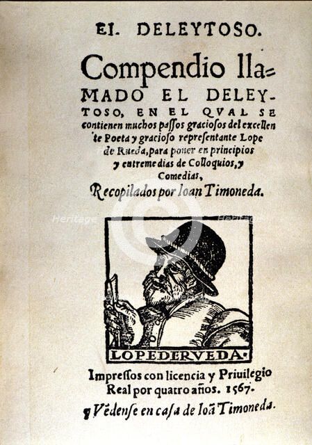 Cover of the edition of 'El deleytoso' by Lope de Rueda, printed in Valencia, 1567 by Joan Timoneda.