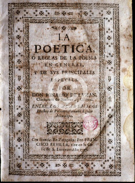 Cover of the first edition of 'La poética' (The Poetics) by Ignacio de Luzán, printed in Zaragoza…
