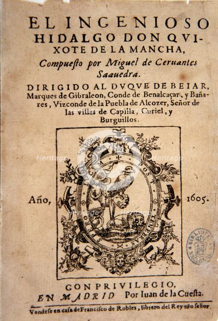 Cover of the first edition of the book 'Don Quijote de La Mancha', Madrid, Juan de la Cuesta, 1605.