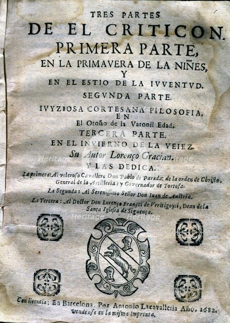 Cover of the first part of 'El Criticón' (The Fault Finder) by Baltasar Gracian, printed edition …