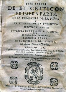 Cover of the first part of El Criticón (The Fault Finder) by Baltasar Gracian, printed edition …