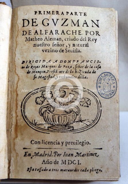 Cover of the first part of the work 'Guzman Alfarache' Mateo Alemán, published in 1601.
