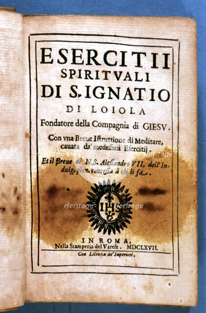 Cover of the Italian edition 'Esercitti spirituali di San Ignatio di Loyola', printed in Rome, St…