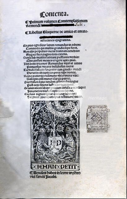 Cover of the Latin edition printed by Jean Petit in Paris in 1505, 'Libre d'Amic e d'Amat' (Song …