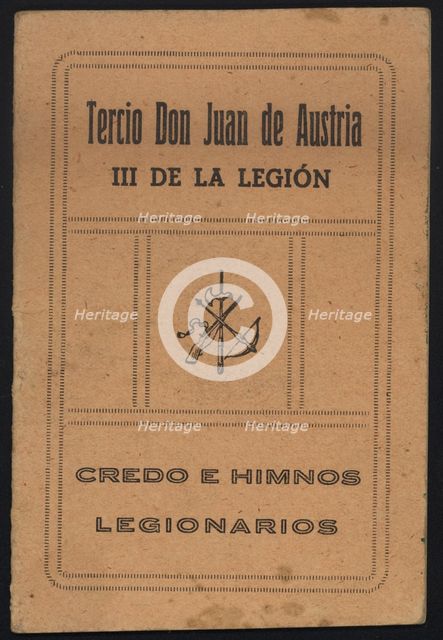 Cover of the Legionary creed and hymns, regiment Don Juan of Austria - III of the Legion, 1924.