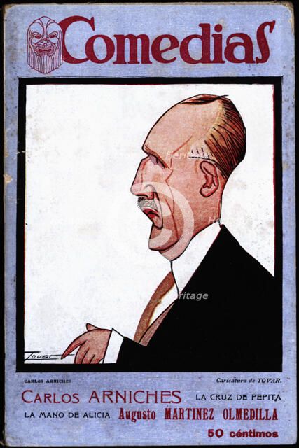 Cover of the publication 'Comedias'. Caricature of Carlos Arniches Barreda (1866-1943). Siglo XX …