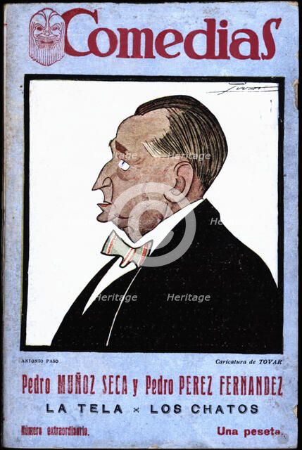 Cover of the publication 'Comedias'. Caricature of Antonio Paso Cano (1870-1958). Siglo XX publis…