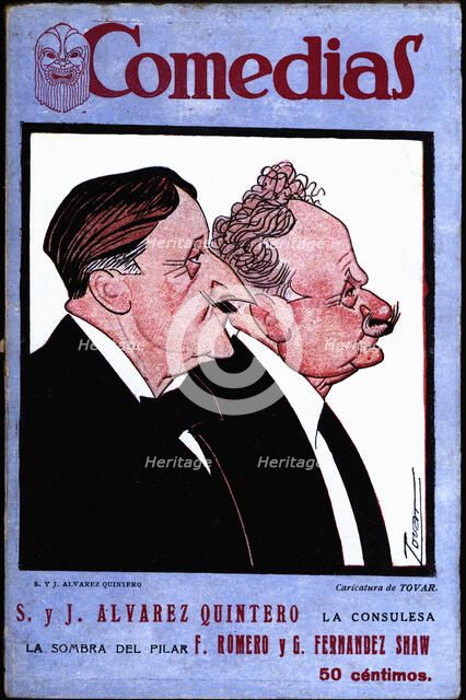 Cover of the publication 'Comedias'. Caricature of brothers Serafin Alvarez Quintero (1871-1938) …