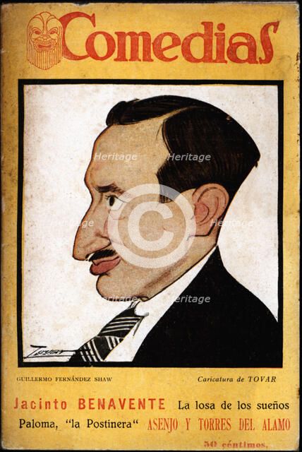 Cover of the publication 'Comedias'. Caricature of Guillermo Fernandez-Shaw Iturralde (1893-1965)…