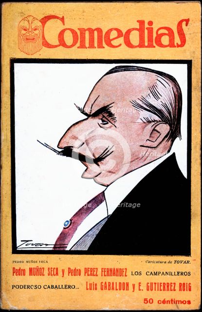 Cover of the publication 'Comedias'. Caricature of Pedro Muñoz Seca (1879-1936). Siglo XX publish…