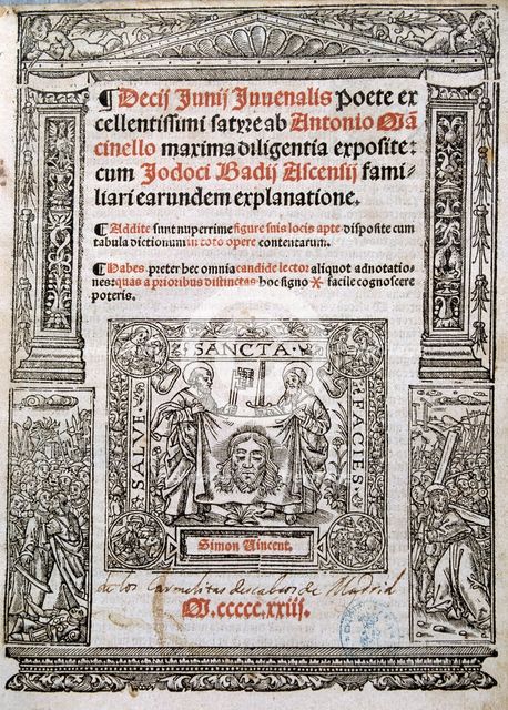 Cover of the play 'Satires' by Decimus Junius Juvenal, edition of 1523.