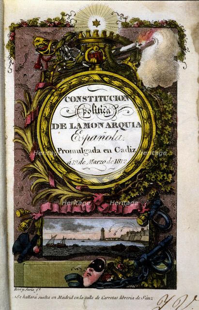 Cover of the 'Political constitution of the Spanish Monarchy' promoted in Cadiz in 1812.