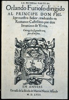 Cover of the rare edition of Orlando Furioso 1557-1558. Creator: Ariosto, Ludovico (1474 - 1533)