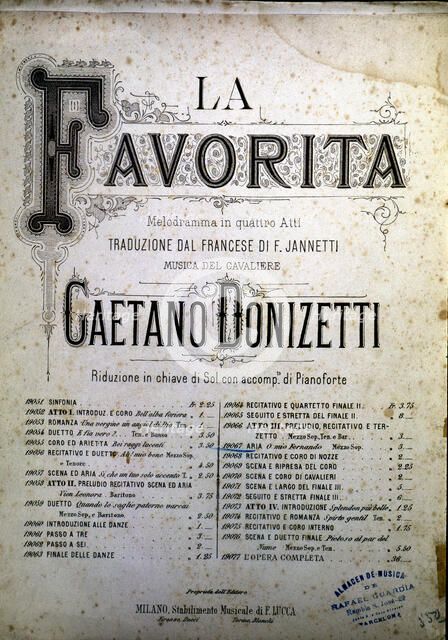 Cover of the score of the opera 'The Favourite' by Gaetano Donizetti.